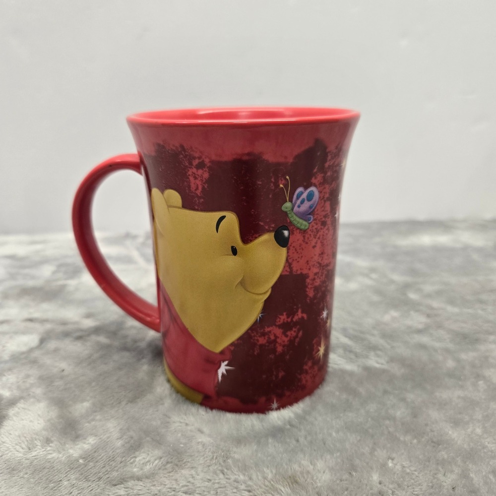 Disney Store Exclusive Winnie the Pooh Red Ceramic‎ Coffee Mug Butterfly Stars